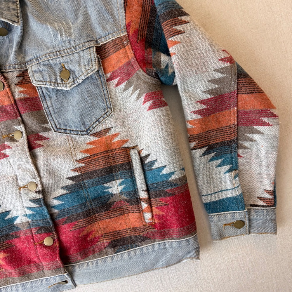 Polagram Aztec Tapestry Denim Jacket Oversized Southwestern Women Small Blue - Picture 7 of 11
